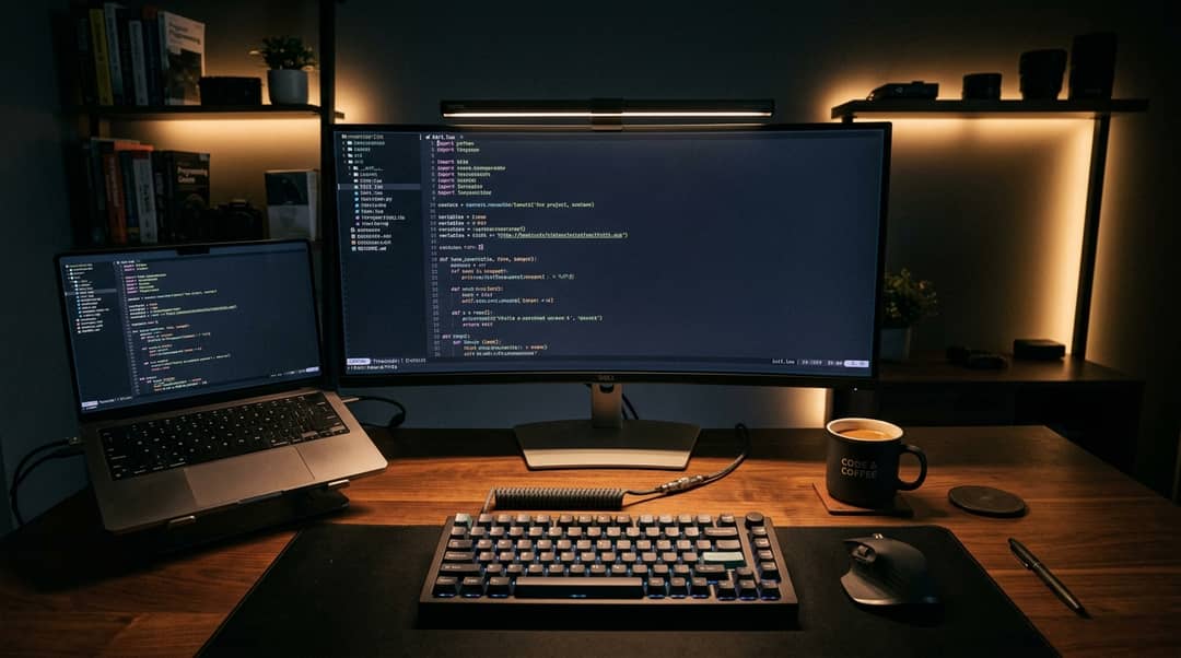 First-Person Developer POV: Night Workstation, Curved Monitor & Terminal
