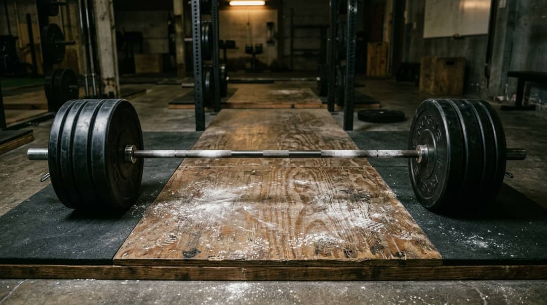 First-Person Athlete POV: Chalked Barbell on Lifting Platform