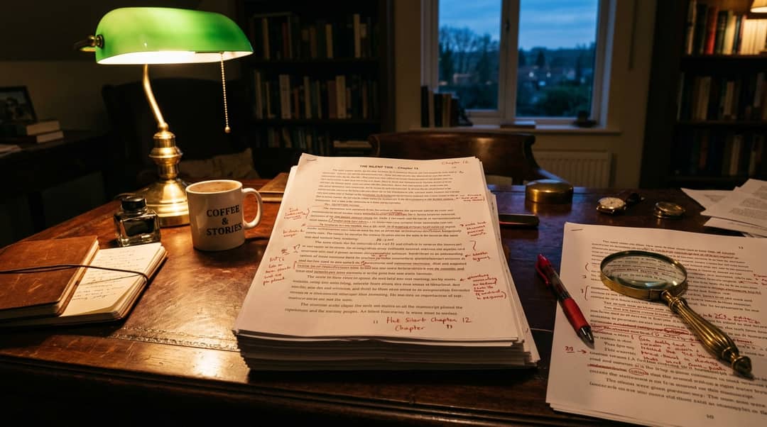 First-Person Novelist POV: Manuscript Stack, Red Pencil & Banker Lamp