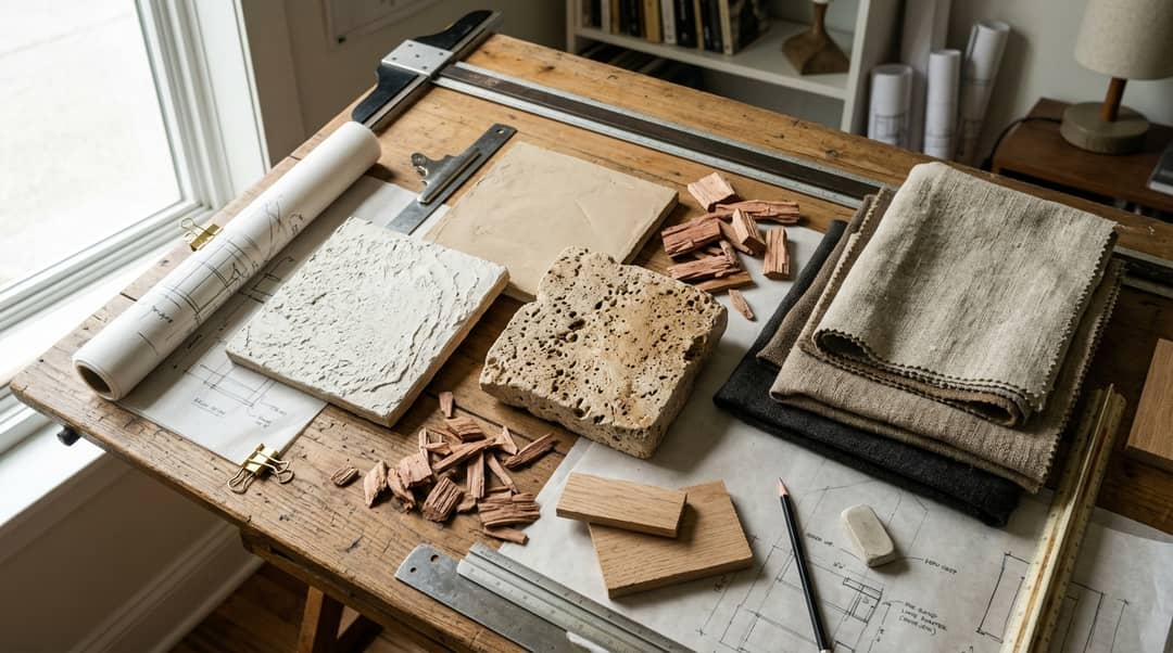 First-Person Spatial Designer POV: Travertine, Plaster & Linen Drafting Table